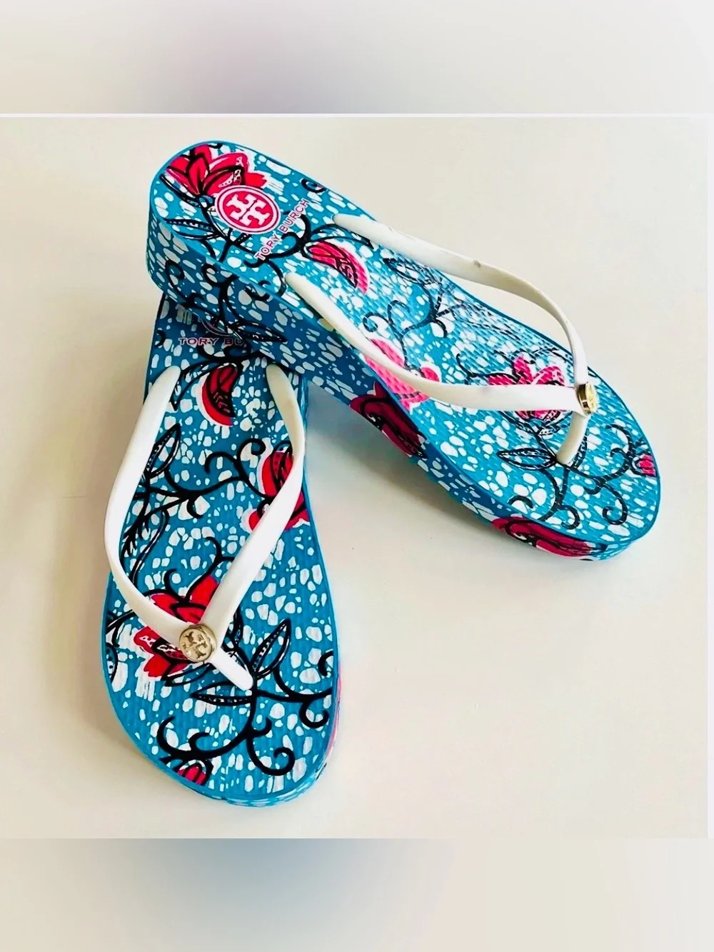 Tory Burch “Thandie” Blue & Pink Floral Platform Sandals with White Straps